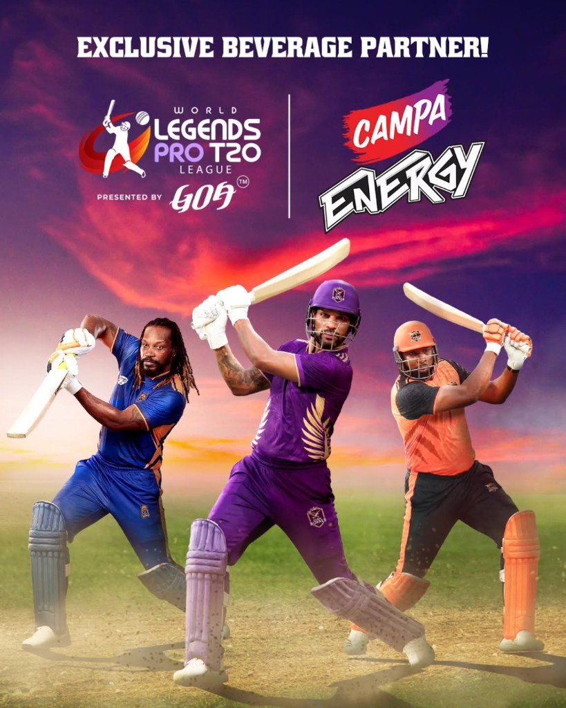 World Legends Pro T20 League promotional artwork with Campa Energy as beverage partner, at 1919 Sportz Cricket Stadium.